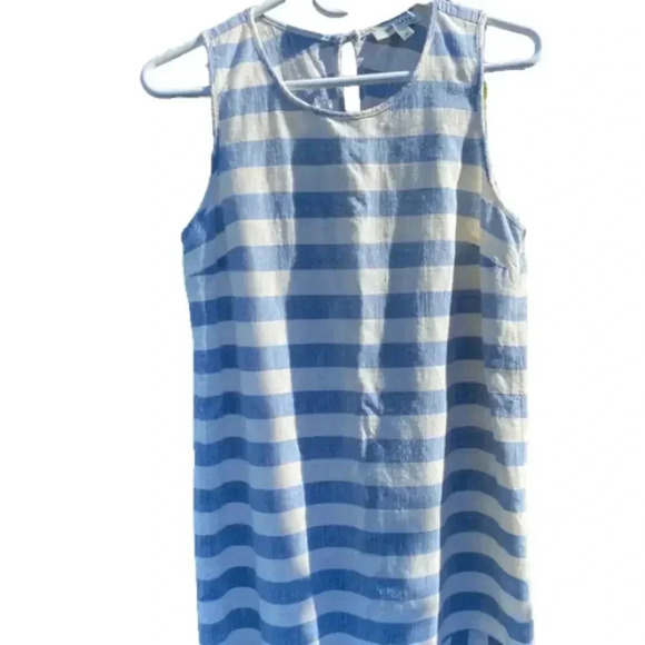 MONTEAU L Dress 100% Cotton Blue Ivory Striped Swing Shift Summer Woven Lined S - Picture 3 of 8